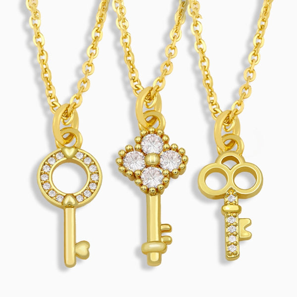 Small Key Necklace For Women CZ Micro Pave Rhinestone Pendant Necklace