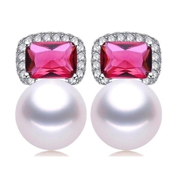 Fashion Natural Freshwater Pearl Rose Red Zircon Stud Earrings For Women