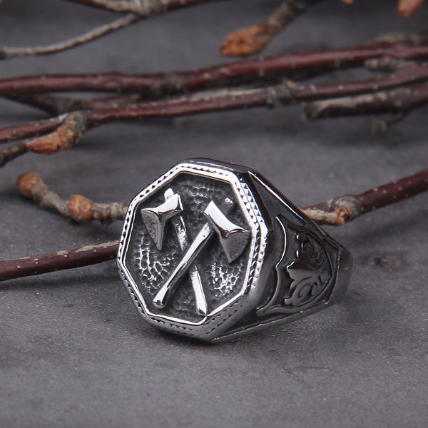 Anillo de motociclista con hacha de Perun eslavo, joyería de acero inoxidable, anillo punk clásico de motociclista con motor Perun eslavo