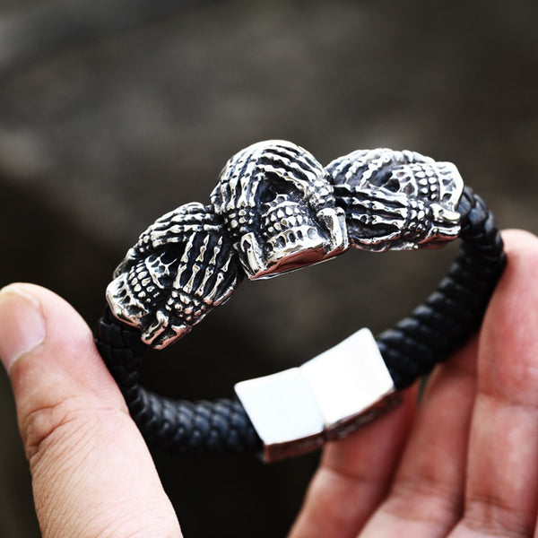 Pulsera de calavera de motociclista retro para hombre y niño, estilo nórdico, de acero inoxidable 316L, estilo vikingo, de cuero Valknut.