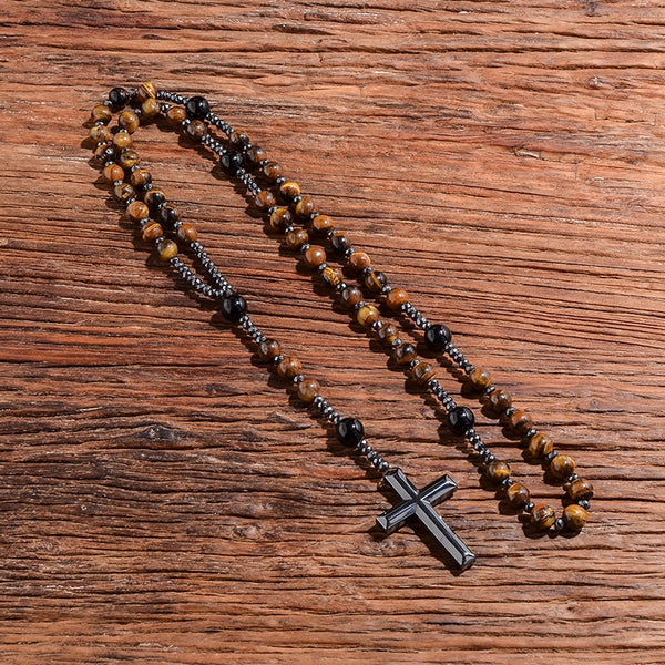 Collar con colgante de cruz católica de Cristo con cuentas de ágata negra y ojos de tigre amarillos naturales para hombre y mujer