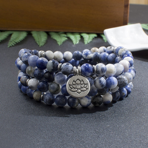 Natural 8mm Flower Sodalite Beaded Elastic Wrap 108 Mala Bracelet