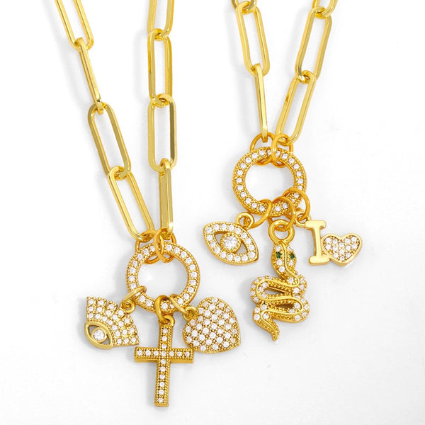 Chunky Chain Evil Eye Cross Necklace For Women Rhinestone Heart Charms Necklace