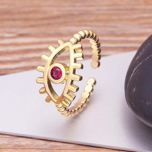 Anillo abierto de cobre y oro con diseño de ojo turco de la suerte de alta calidad.