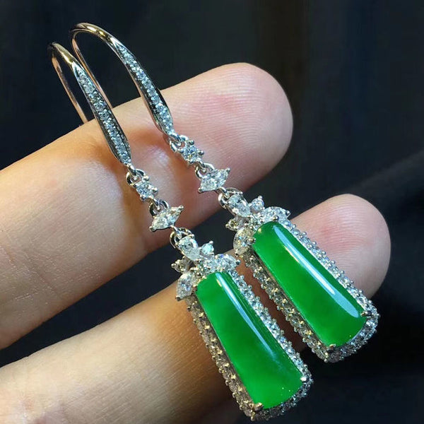 Pendientes únicos y creativos de barra cuadrada con calcedonia natural y diamantes de plata