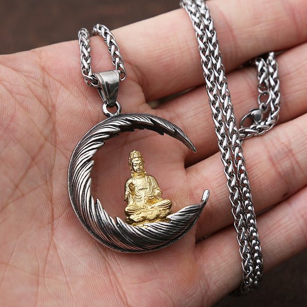 Collar budista de acero inoxidable con colgante de Buda y pluma de meditación para hombre