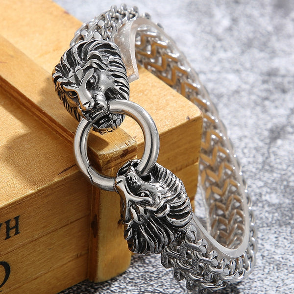 Pulsera para hombre con cadena de eslabones dobles de cabeza de león de 12 mm