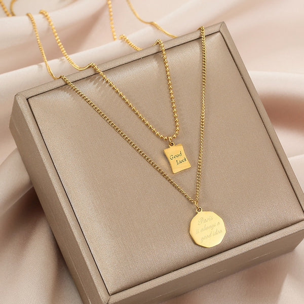 316L Stainless Steel Fashion Fine Jewelry 2-layer Geometry Carving Good Luck Charms Chain