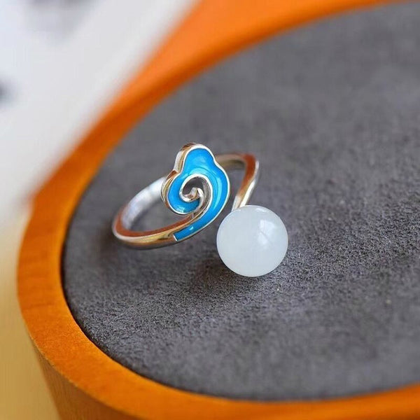 Nuevo anillo ajustable de jade blanco hetiano natural con incrustaciones de plata