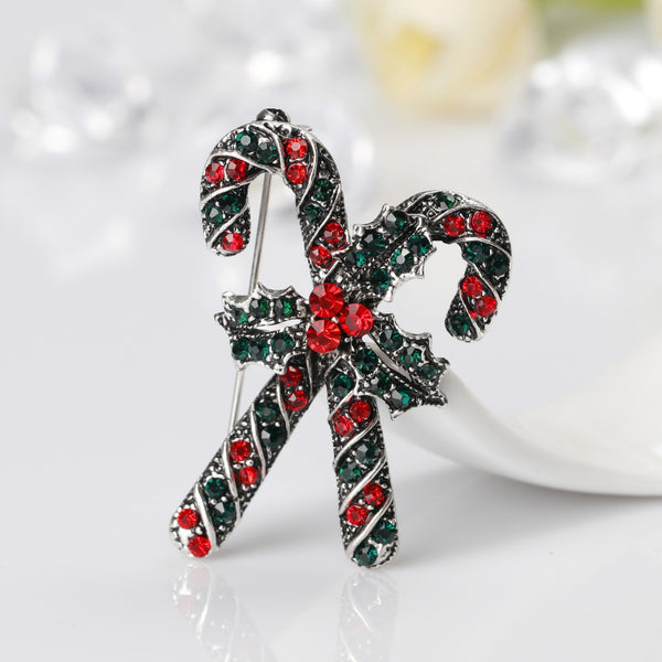 Fashion Christmas Pins And Brooches Gold Silver Rhinestone Christmas Crutch Brooch