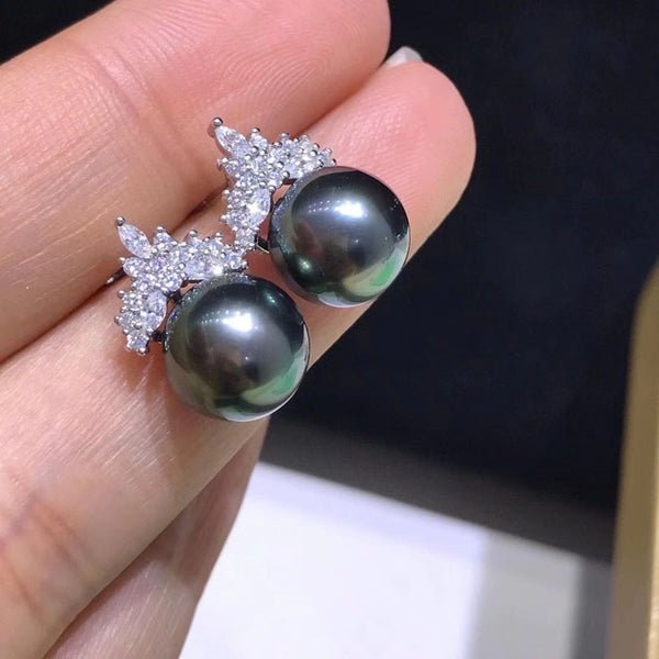 9-10mm Tahiti Natural-Ocean Round Black Pearls Stud Earrings Women