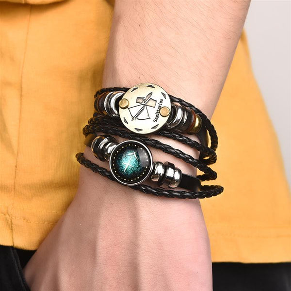 Pulsera de cuero trenzado negro con las 12 constelaciones del signo del zodiaco