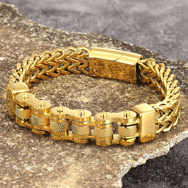 Pulseras de motociclista para hombre, de acero inoxidable de 12 mm, joyería dorada, cadena ancha para la mano.