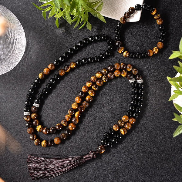 Collar Mala con cuentas de ágata negra y ojo de tigre amarillo natural de 8 mm