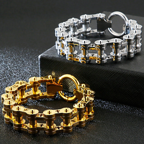 Pulsera cruzada para hombre, cadena de acero inoxidable de 17 mm, estilo motociclista.