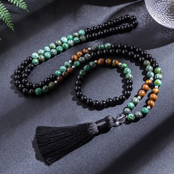 Conjunto de collar y pulsera de japamala con cuentas de ojo de tigre amarillo, ágata negra y turquesa africana de 8 mm