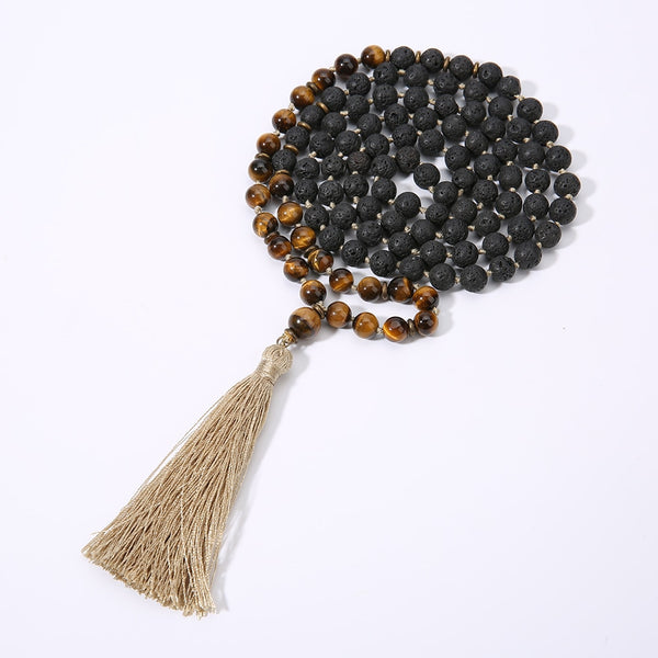 Collar anudado con cuentas de mala 108 de piedra de lava negra y ojo de tigre amarillo de 8 mm