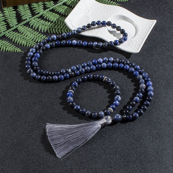 8mm Natural Sodalite Japamala Necklace Meditation Yoga Spirit Jewelry Set