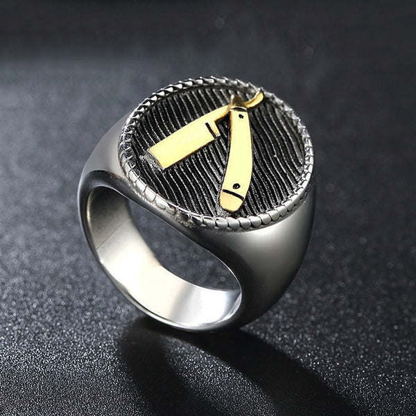 Anillo de acero inoxidable con forma de navaja de afeitar, color dorado y plateado, para hombre.