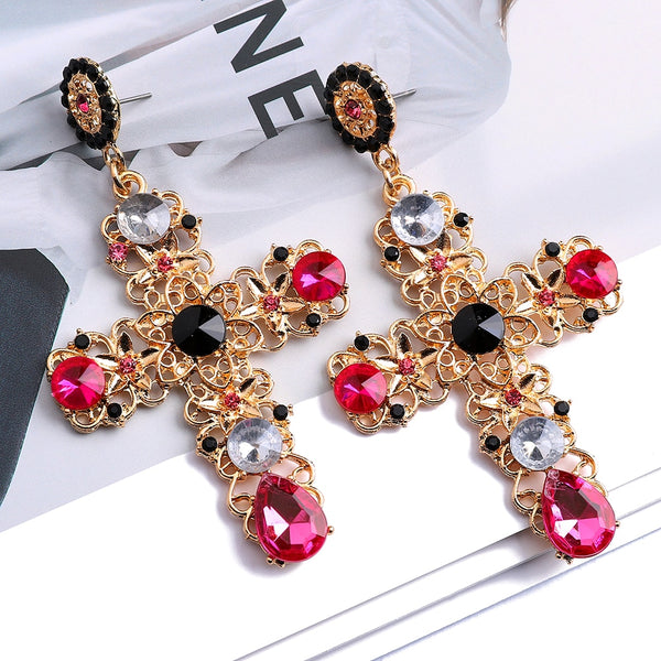 Pendientes colgantes de cruz con diseño hueco de metal punk vintage, accesorios de lujo para mujer
