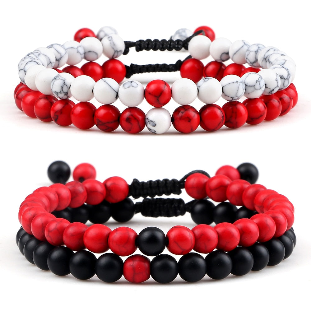 2pcs/set Red Beaded Bracelets Natural Tiger Eye Stone Rock Strand Handmade Braided Rope Bracelets