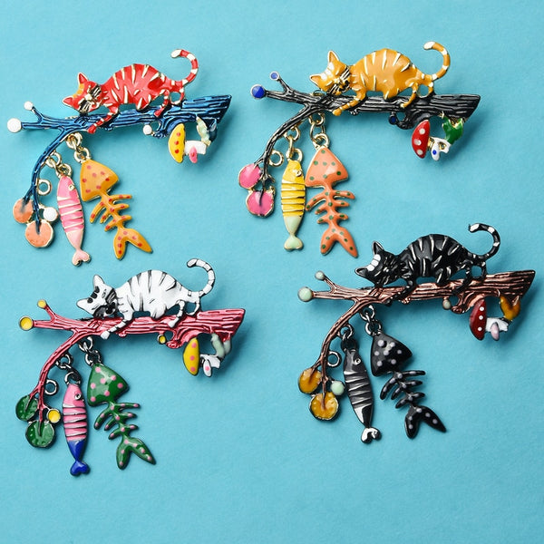 Enamel Cat Brooches Women Cute Animal On Tree Eat Fish Party Causal Brooch