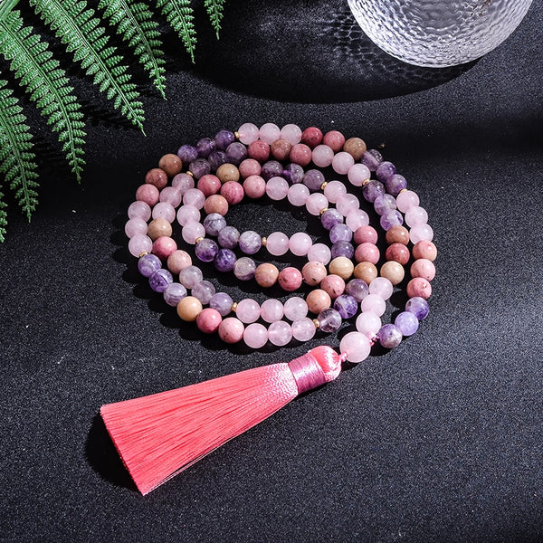Conjunto de joyería con collar y pulsera de japamala de 8 mm, cuentas de amatista, cuarzo rosa y rodolita 108