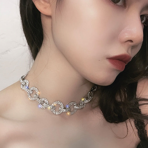 Sex Link Chain Rhinestone Choker Necklaces for Women Geometric Round Crystal Necklaces