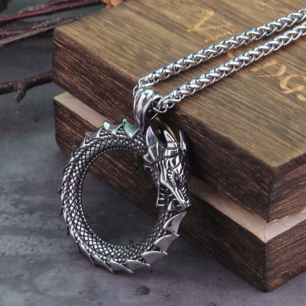 Collar con colgante de dragón amuleto Valknut Ouroboros de acero inoxidable para hombre, devorador vikingo, que nunca se desvanece