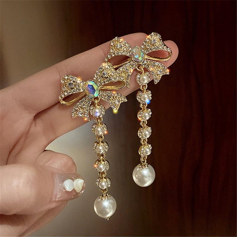 Korean Style Bowknot Rhinestone Dangle Earrings for Women Long Tassel Pearl Earrings