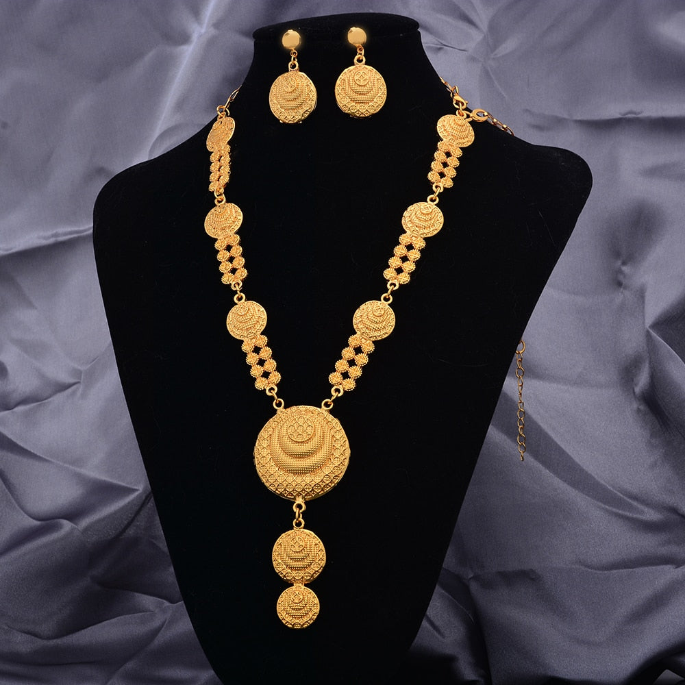 24k Gold Color Jewelry Sets For Women Girl Necklace Earrings India Wedding Ethiopian Jewelry Set