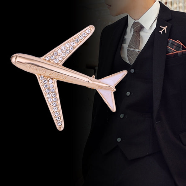 New Crystal Rhinestone Airplane Brooch Pin Metal Aircraft Lapel Pins and Brooches Men