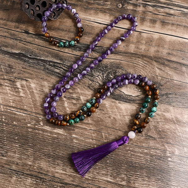 Conjunto de collar y pulsera de turquesa africana, ojo de tigre amarillo y amatista natural de 8 mm