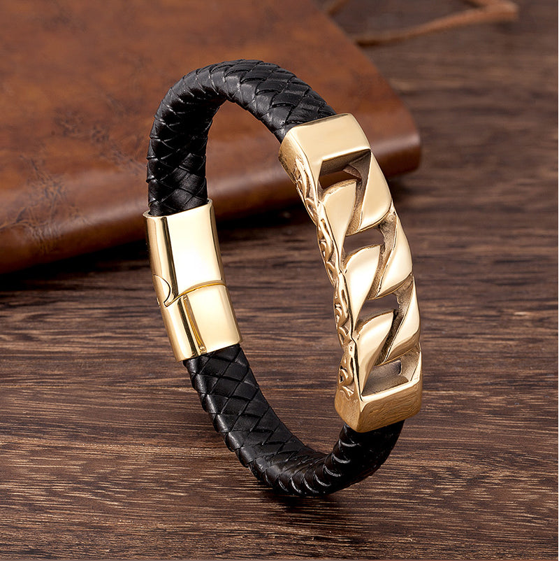 Bracelets For Men Stainless Steel Genuine Leather Rope Magnetic Clasp