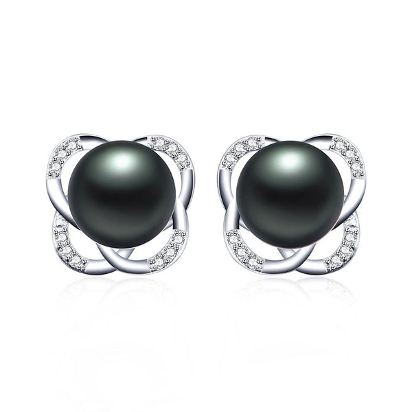Fashion 925 Sterling Silver Natural Freshwater Pearl Zircon Stud Earrings Flower Design For Women