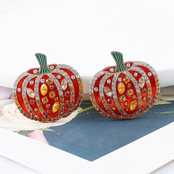 Pendientes de calabaza con diamantes de imitación, pendientes de cristal para Halloween, pendientes de fiesta de lujo para mujer