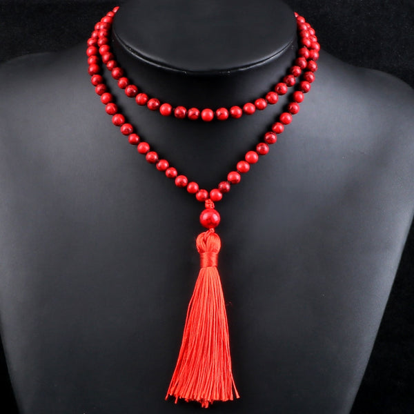 Collar de oración Mala 108 de 6 mm con borlas de cuentas de piedra natural roja de la suerte, collar étnico para mujeres y hombres