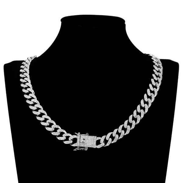 Cadena cubana Miami Curb de 13 mm con diamantes de imitación pavé de color plateado y estilo hip hop