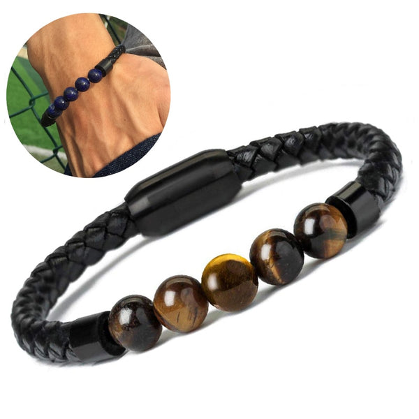 Pulsera de cuero con abalorios de piedra de lava y chakras para hombre, de acero inoxidable, color negro