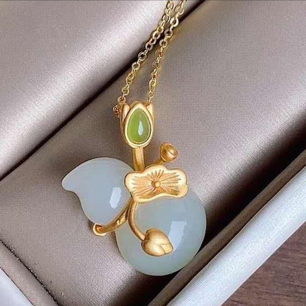 New silver inlaid natural Hetian jade necklace Chinese style retro lotus leaf gourd Pendant