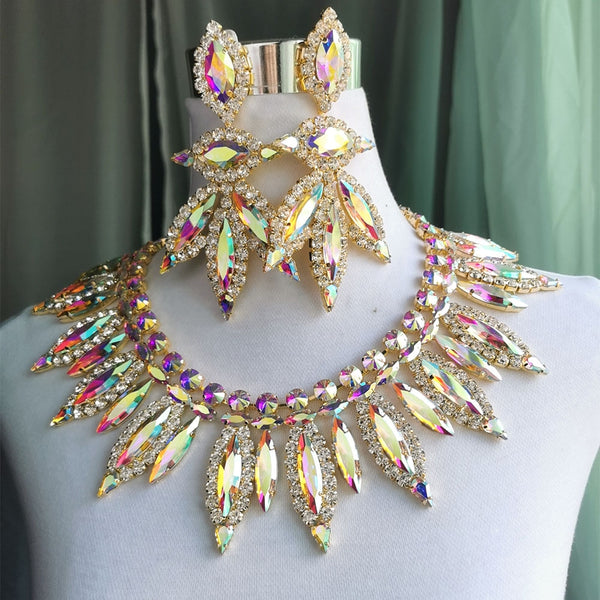 Necklace Earring Set Crystal AB Gold Stage Performance Jewelry