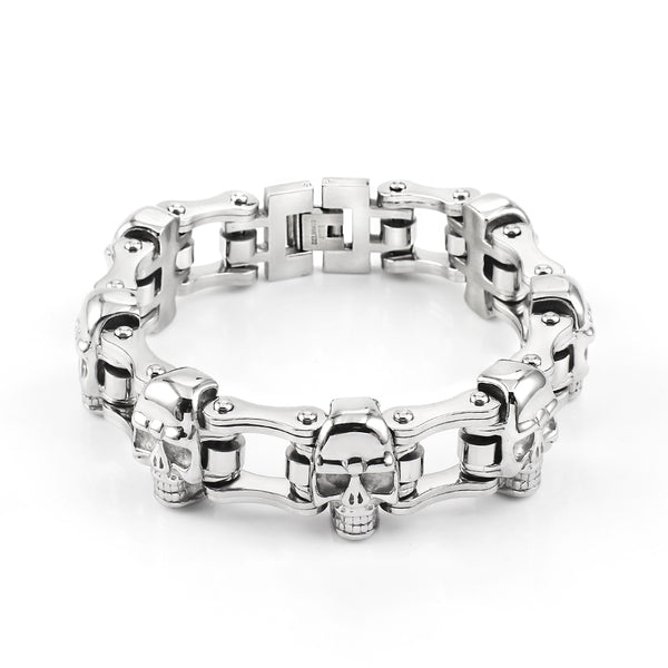 Pulsera de calavera de motociclista de acero inoxidable con cadena de motocicleta punk para hombre
