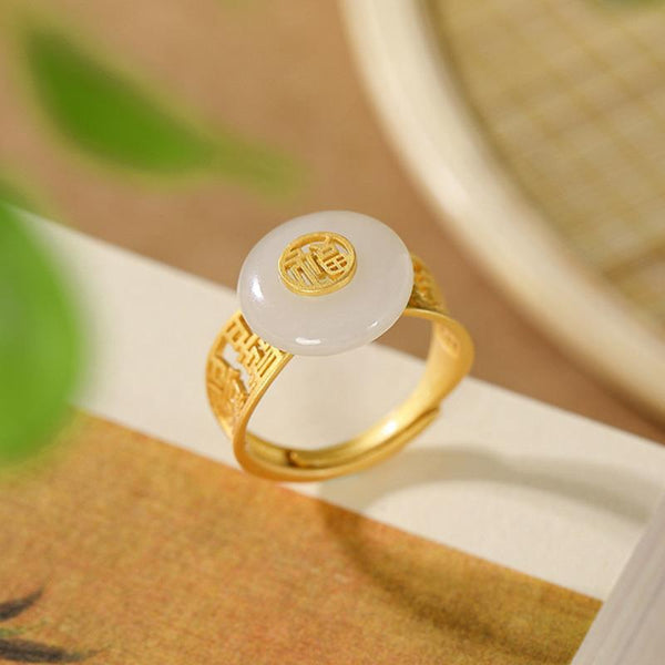 Inspired design new gold-plated inlaid natural Hetian jade round open  ring