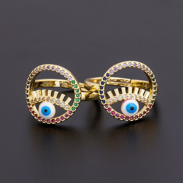 Nuevo anillo de cobre con circonita cúbica y ojo malvado para mujer