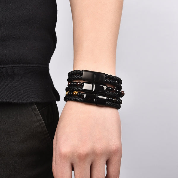 Pulsera de hombre de piedra natural de 6 mm, cuero genuino negro, hebilla magnética
