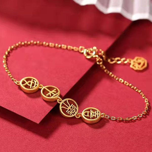 Pulsera de jade hetiano natural con letras de alegría y paz, hecha a mano en oro