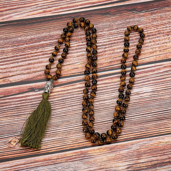 8mm Yellow Tiger Eye Rhodolite Beads Knotted Japa Mala Necklace
