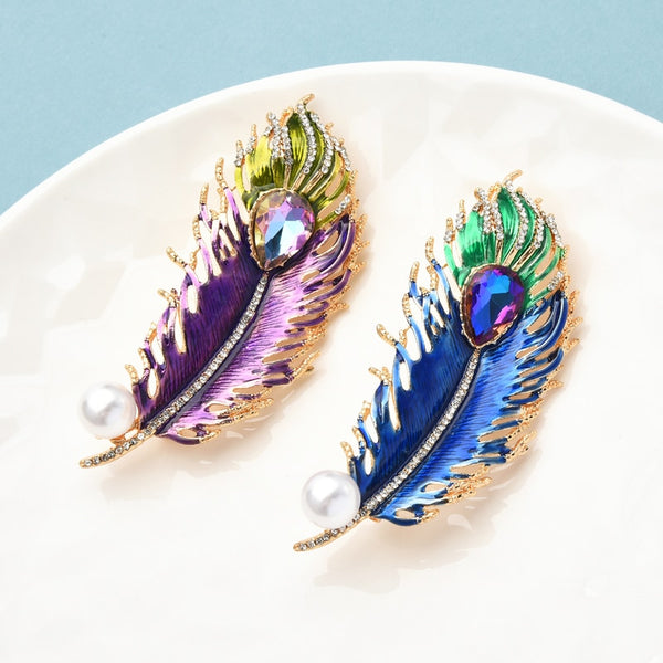 Big Crystal Feather Brooches For Women Luxury 2-color Enamel Feather Office Party Brooch