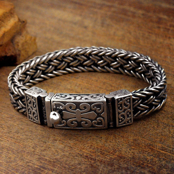 Pulsera de plata de ley 925 auténtica para hombre, cadena de alambre estilo punk rock retro de 11 mm de ancho.