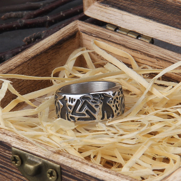 Anillo de acero inoxidable 316L forjado Valknut de los Lobos de Odín para hombre, joyería vikinga